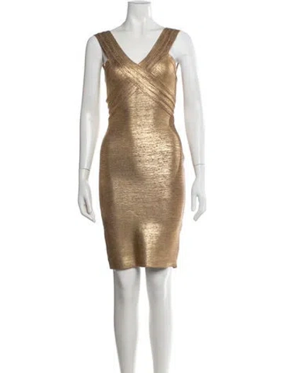 Pre-owned Herve Leger V-neck Mini Dress In Gold