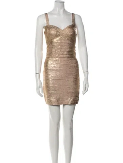 Pre-owned Herve Leger V-neck Mini Dress In Gold