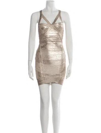Pre-owned Herve Leger V-neck Mini Dress In Gold/metallic
