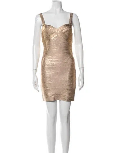 Pre-owned Herve Leger V-neck Mini Dress In Gold/neutrals