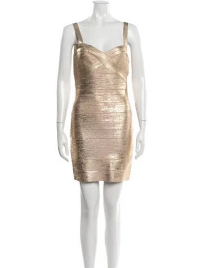 Pre-owned Herve Leger V-neck Mini Dress In Gold/neutrals