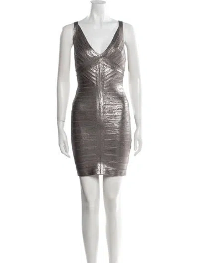 Pre-owned Herve Leger V-neck Mini Dress In Gray