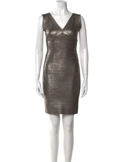 Pre-owned Herve Leger V-neck Mini Dress In Gray