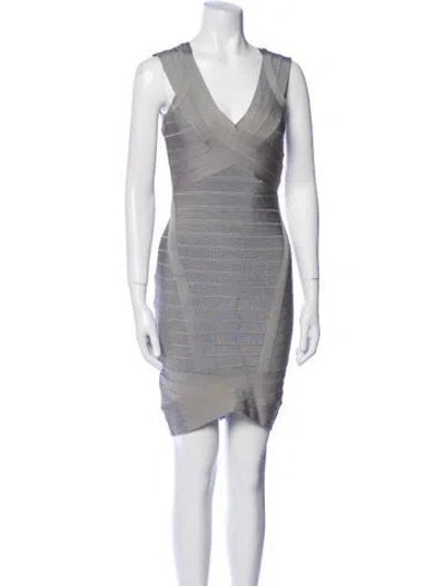 Pre-owned Herve Leger V-neck Mini Dress In Gray