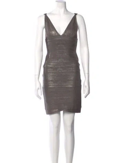 Pre-owned Herve Leger V-neck Mini Dress In Gray