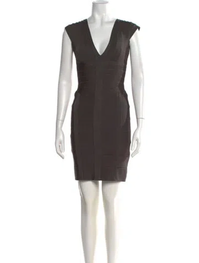 Pre-owned Herve Leger V-neck Mini Dress In Gray