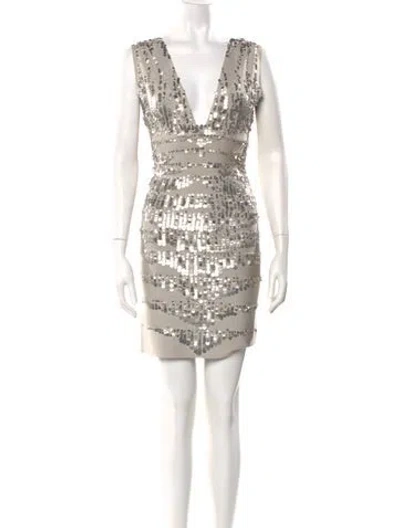 Pre-owned Herve Leger V-neck Mini Dress In Gray