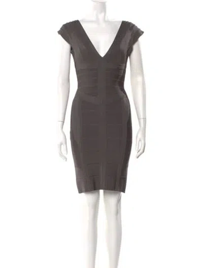 Pre-owned Herve Leger V-neck Mini Dress In Gray