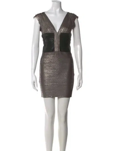 Pre-owned Herve Leger V-neck Mini Dress In Gray