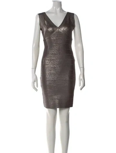 Pre-owned Herve Leger V-neck Mini Dress In Gray