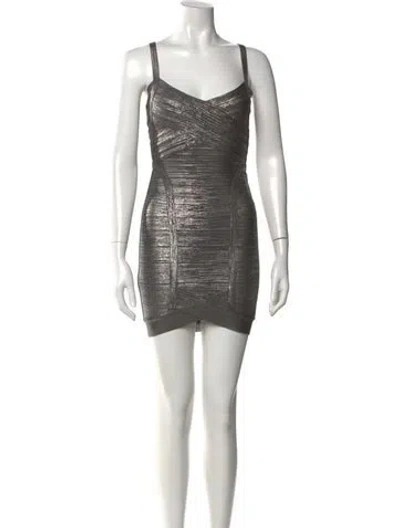 Pre-owned Herve Leger V-neck Mini Dress In Gray