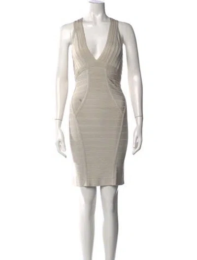 Pre-owned Herve Leger V-neck Mini Dress In Gray