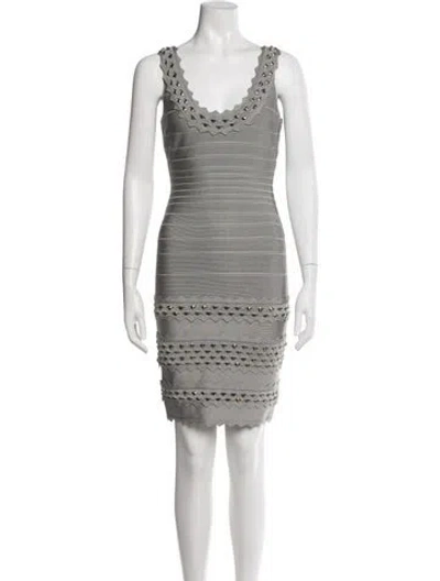 Pre-owned Herve Leger V-neck Mini Dress In Gray