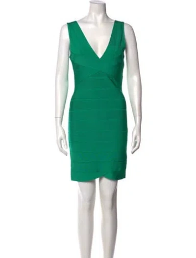 Pre-owned Herve Leger V-neck Mini Dress In Green
