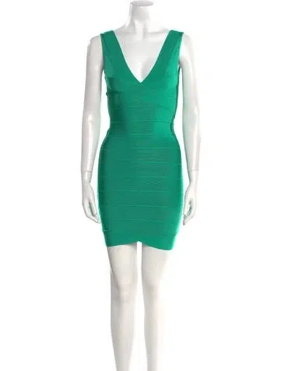 Pre-owned Herve Leger V-neck Mini Dress In Green