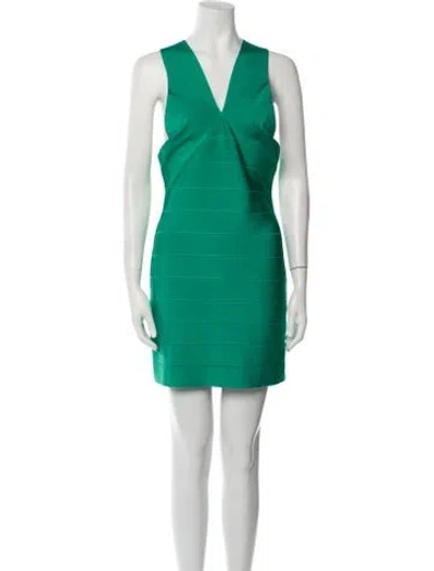 Pre-owned Herve Leger V-neck Mini Dress In Green
