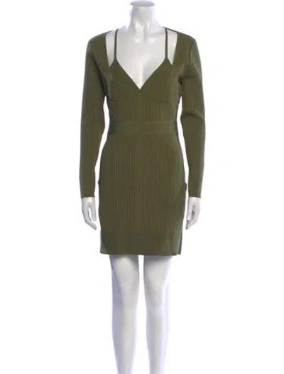 Pre-owned Herve Leger V-neck Mini Dress In Green