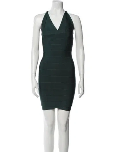 Pre-owned Herve Leger V-neck Mini Dress In Green