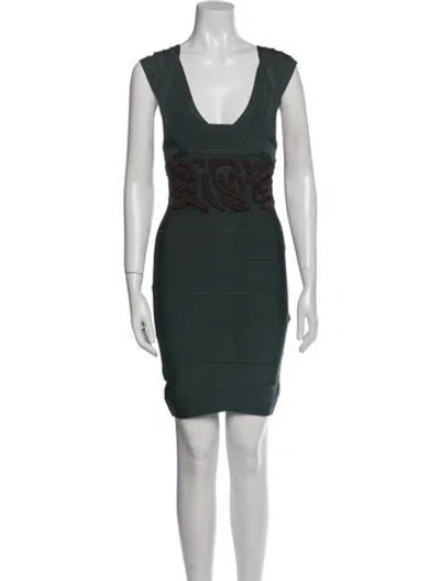 Pre-owned Herve Leger V-neck Mini Dress In Green