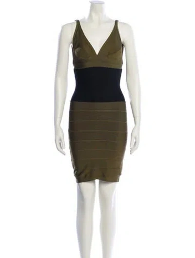 Pre-owned Herve Leger V-neck Mini Dress In Green