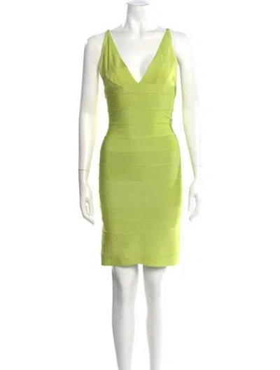 Pre-owned Herve Leger V-neck Mini Dress In Green