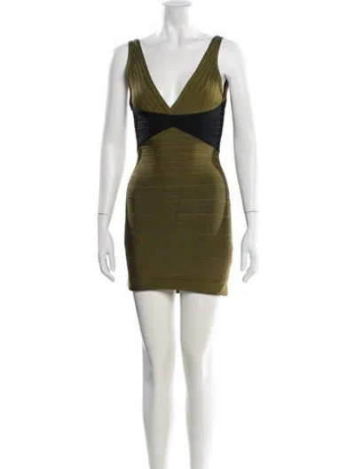 Pre-owned Herve Leger V-neck Mini Dress In Green