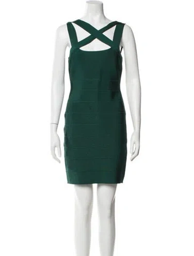 Pre-owned Herve Leger V-neck Mini Dress In Green