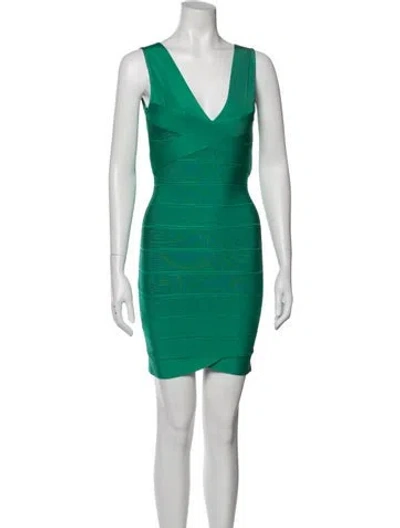 Pre-owned Herve Leger V-neck Mini Dress In Green