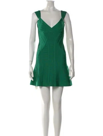 Pre-owned Herve Leger V-neck Mini Dress In Green