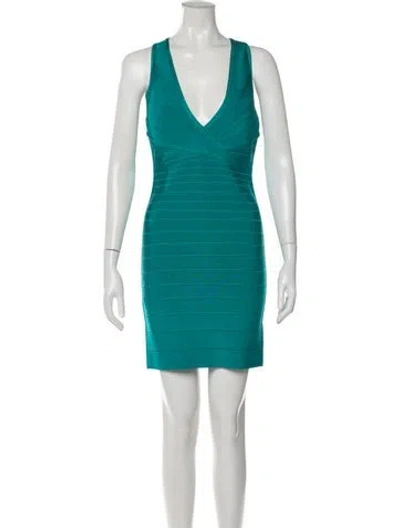 Pre-owned Herve Leger V-neck Mini Dress In Green