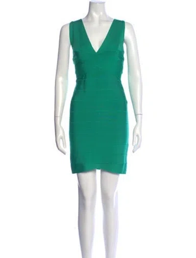Pre-owned Herve Leger V-neck Mini Dress In Green