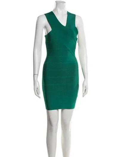 Pre-owned Herve Leger V-neck Mini Dress In Green