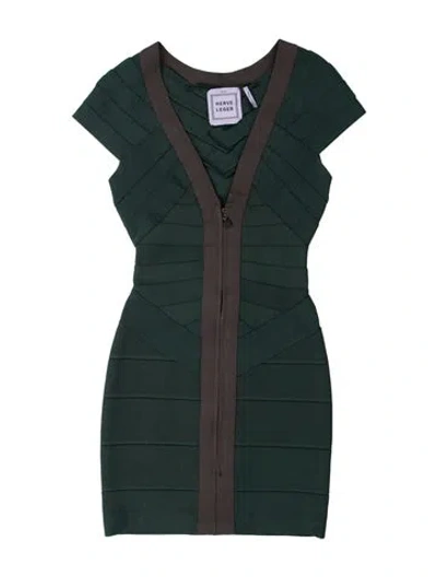 Pre-owned Herve Leger V-neck Mini Dress In Green