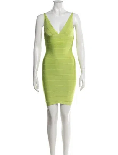 Pre-owned Herve Leger V-neck Mini Dress In Green