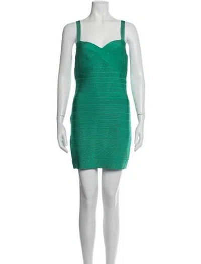 Pre-owned Herve Leger V-neck Mini Dress In Green