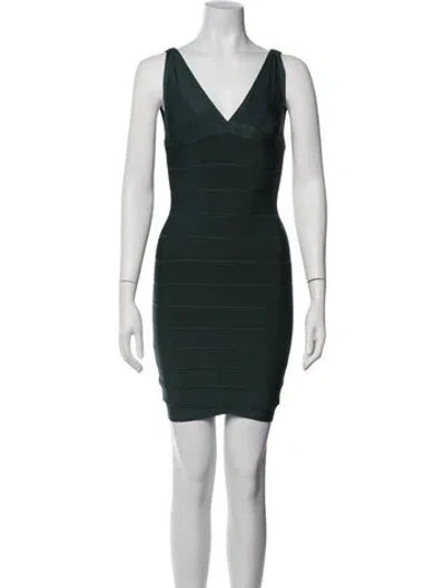 Pre-owned Herve Leger V-neck Mini Dress In Green