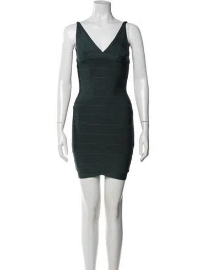 Pre-owned Herve Leger V-neck Mini Dress In Green
