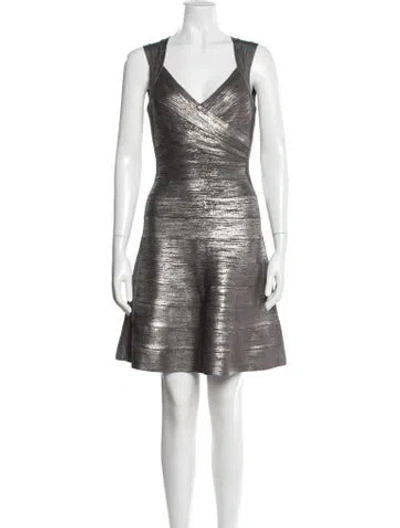 Pre-owned Herve Leger V-neck Mini Dress In Grey