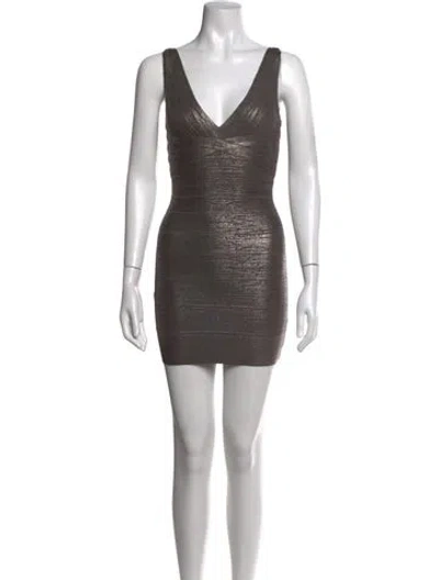 Pre-owned Herve Leger V-neck Mini Dress In Grey