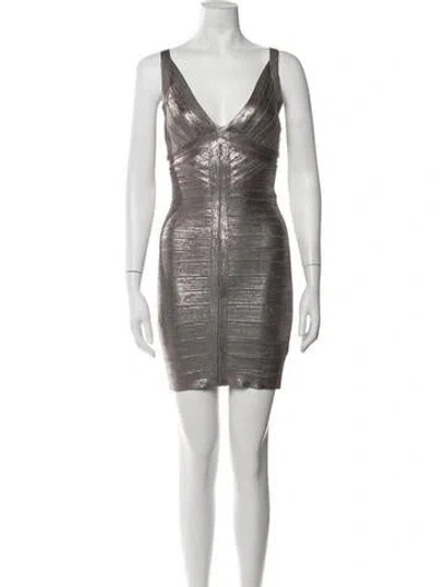 Pre-owned Herve Leger V-neck Mini Dress In Grey