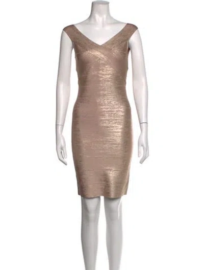 Pre-owned Herve Leger V-neck Mini Dress In Metallic/neutrals