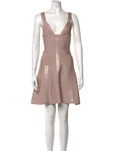 Pre-owned Herve Leger V-neck Mini Dress In Metallic/pink
