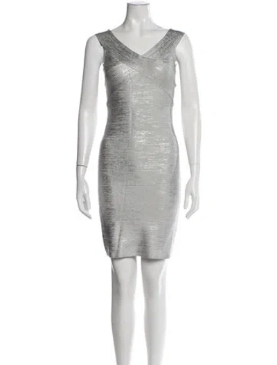Pre-owned Herve Leger V-neck Mini Dress In Metallic/silver