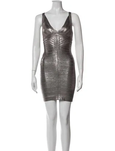 Pre-owned Herve Leger V-neck Mini Dress In Metallic/silver