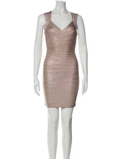Pre-owned Herve Leger V-neck Mini Dress In Neutral