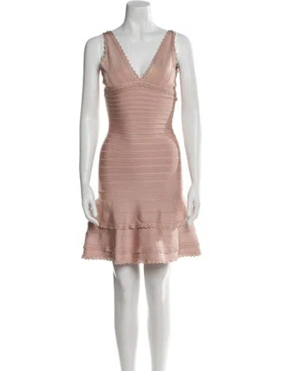 Pre-owned Herve Leger V-neck Mini Dress In Neutral