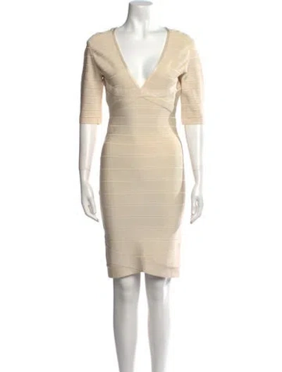 Pre-owned Herve Leger V-neck Mini Dress In Neutral
