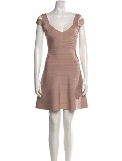 Pre-owned Herve Leger V-neck Mini Dress In Neutral