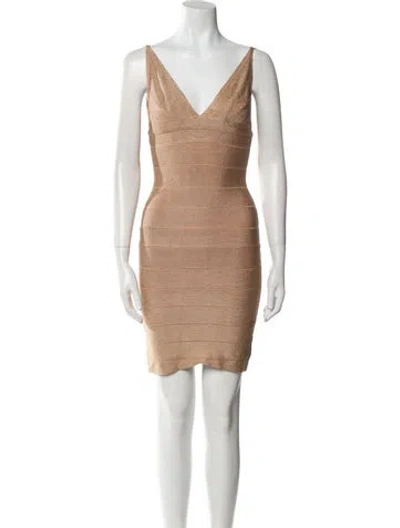 Pre-owned Herve Leger V-neck Mini Dress In Neutral