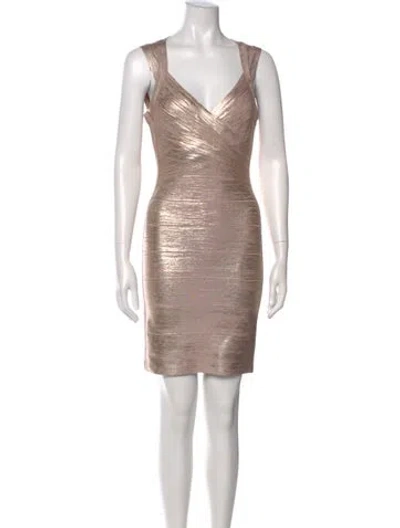 Pre-owned Herve Leger V-neck Mini Dress In Neutral